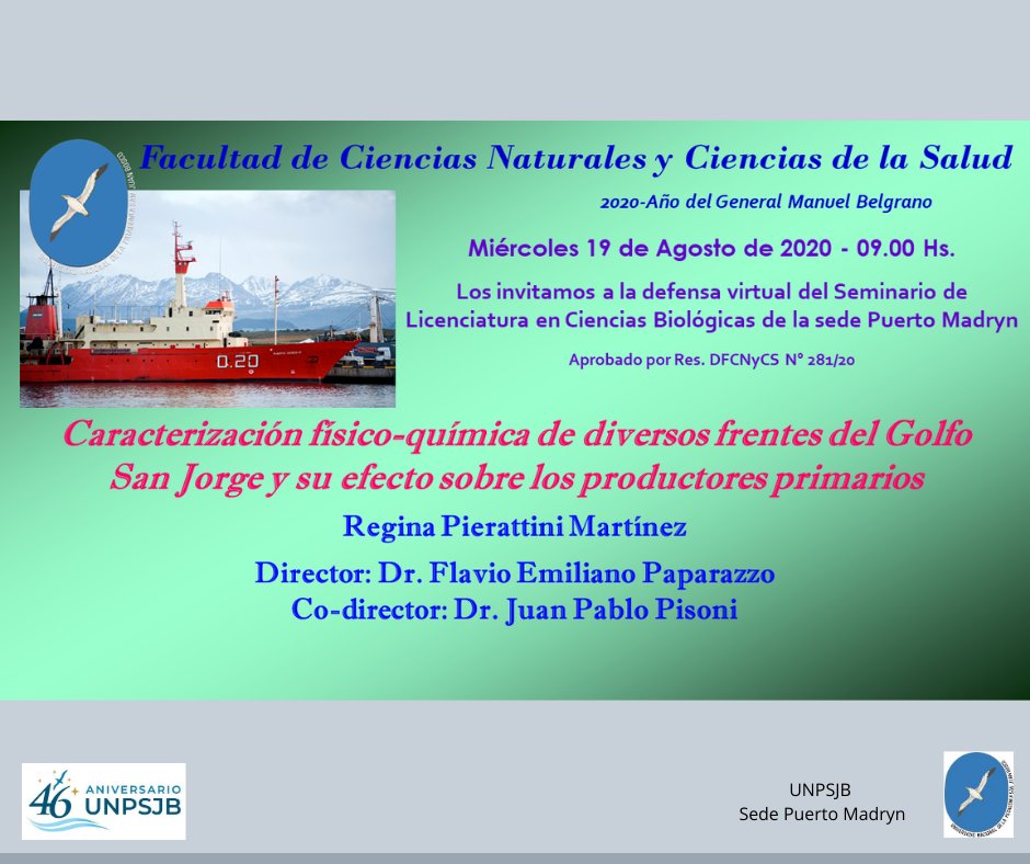 unpsjb_madryn's tweet photo. Defensa pública de Seminario de Licenciatura en Ciencias Biológicas. Alumna: Regina Pierattini Martínez. El miércoles 19 de agosto a las 9 hs. por Youtube, en el link: https://t.co/4pyV9IXGhB
#UNPSJB #PuertoMadryn #Biología #FCNyCS https://t.co/rZvFDcU25y