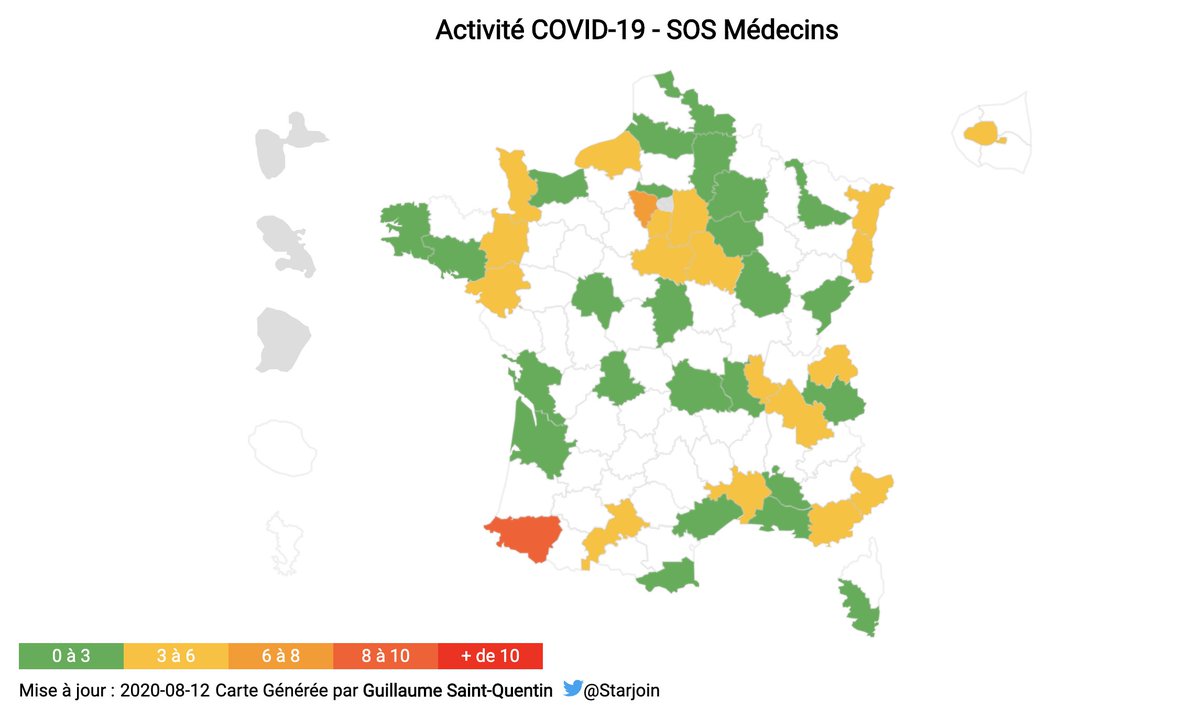  Carte de l'activité SOS Médecins Activité SOS médecins = taux des consultations SOS Médecins pour suspicion COVID versus l'ensemble des consultations.Taux moyen (avec DOM) : 3,19%  J-1 (3,14%)Taux moyen (hors DOM) : 3,21%  J-1 (3,17%)