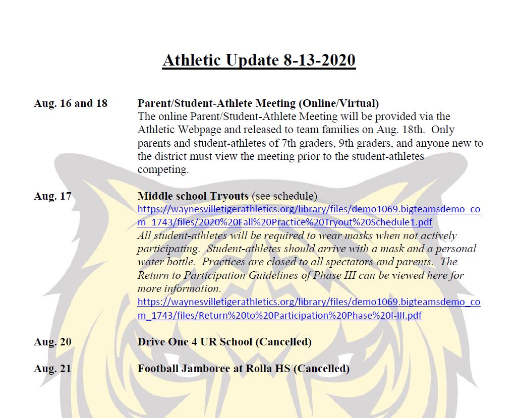 Athletic Update
<a href="/WvilleFootball/">Waynesville Football</a> <a href="/TheVilleSBall/">Waynesville Softball</a> <a href="/WHSTigerSwim/">Waynesville Swim</a> <a href="/WaynesvilleHigh/">Waynesville High</a> <a href="/WayTigerPR/">WayTigerPR</a> <a href="/Waynesvillevb/">WaynesvilleVB Lady Tigers</a> <a href="/WHStigersoccer/">Coach Armstrong</a> <a href="/WHS_TigerCheer/">WHSTigerCheer</a> <a href="/WHSTigerTennis/">WHS Tiger Tennis</a>  <a href="/Way_Middle_Sch/">Waynesville Middle</a> <a href="/TigersXC/">Coach Jarman</a> <a href="/WmdsV/">wmds volleyball</a>