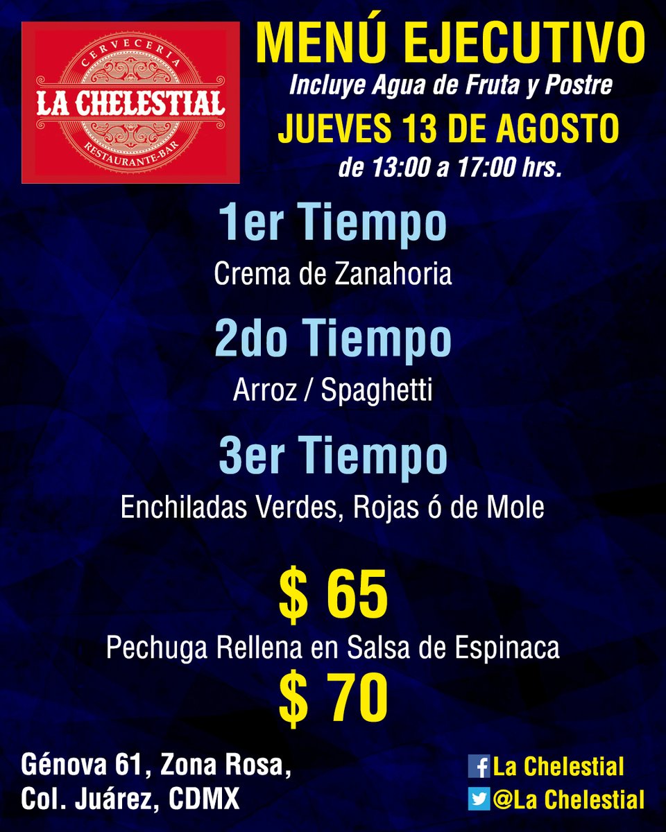 #Jueves de #MenúEjecutivo en #LaChelestial, ven a disfrutar de nuestro sabor a partir de las 13 hrs. ¡No faltes!