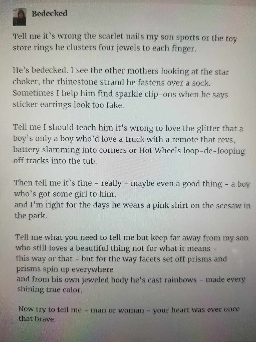 SusanD_Smith's tweet photo. The real reason I wanted to mention "The Power of Poetry" is it led me to this gem that had me tearing up at my desk. It's a weird world, but imagine what showing others boundless kindness could do to change it.
"Bedecked" by Victoria Redel
#LoveisLove #TransRightsAreHumanRights https://t.co/gfOGp7qz45