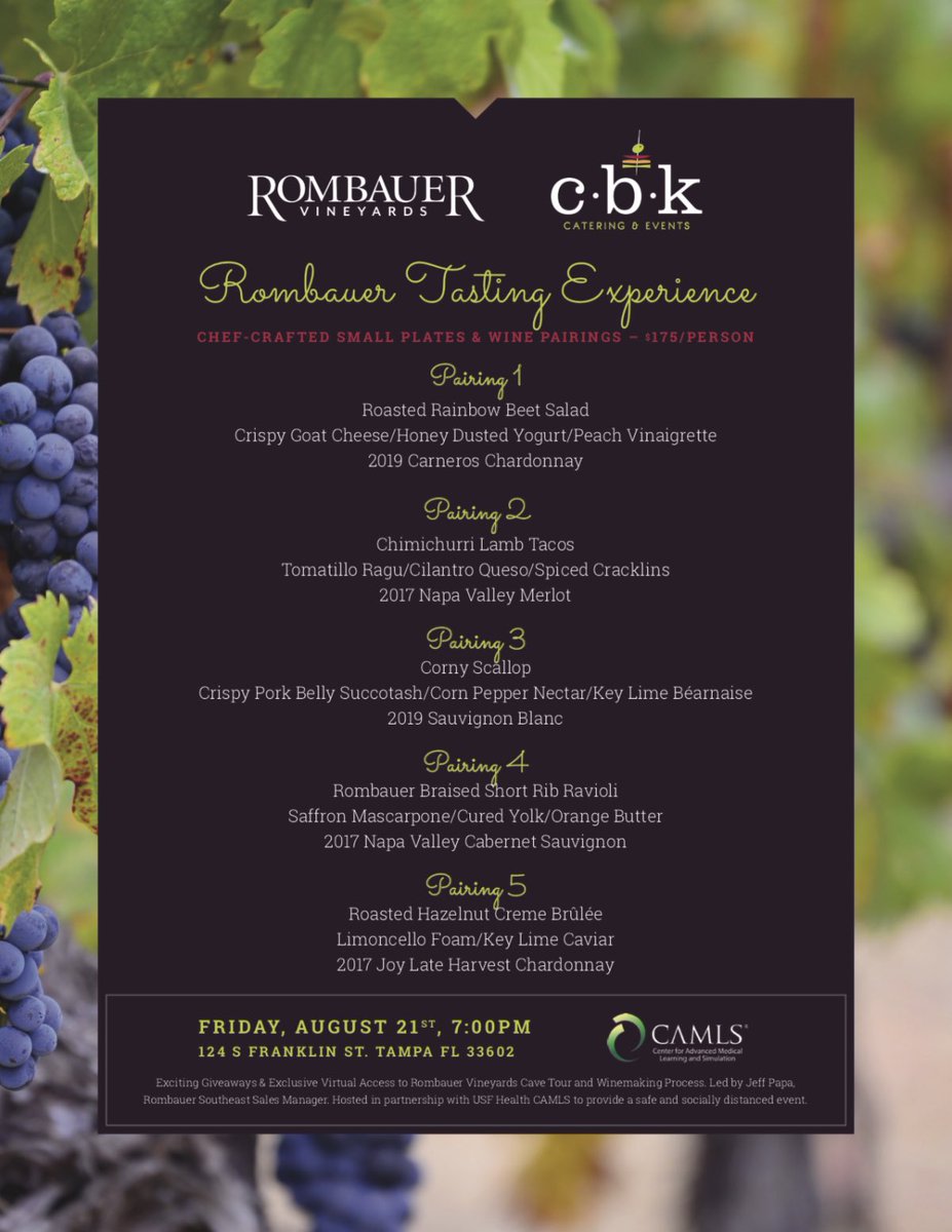 cbkcatering's tweet photo. Join us for exquisite small plates &amp; @rombauervino pairings! Exciting giveaways, exclusive virtual tours, &amp; a peek into the wine making process. 

Hosted at @CAMLSTAMPA for a safe &amp; socially distanced event. 

Safety is our #1 priority! 

Tickets &amp; Info: https://t.co/aZWUoqo44X https://t.co/sLALCiSgZF