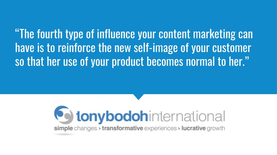 TonyBodoh's tweet photo. “The fourth type of influence your content marketing can have is to reinforce the new self-image of your customer so that her use of your product becomes normal...”
https://t.co/F3flAAVjBF #marketing #sales https://t.co/xdwGDMmdHE