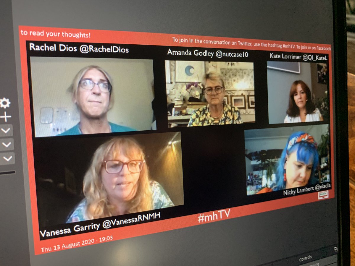 We’re live.  @VanessaRNMH has started to introduce tonight’s guests:  @Nutcase10,  @RachelDios &  @QI_KateL  #mhTV