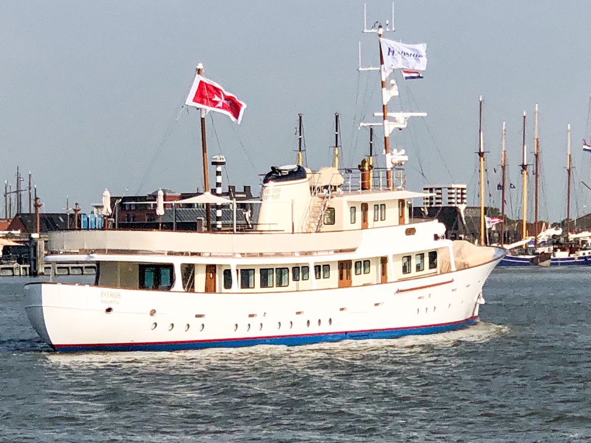 Dutchyachting's tweet photo. The 42.06m/ 137’1” #Istros is seeing here in #Harlingen sailing under her own power for the first time after she underwent a major #refit in #Makkum. Photos by @shipspottingeu1. https://t.co/GAVZmON8HS