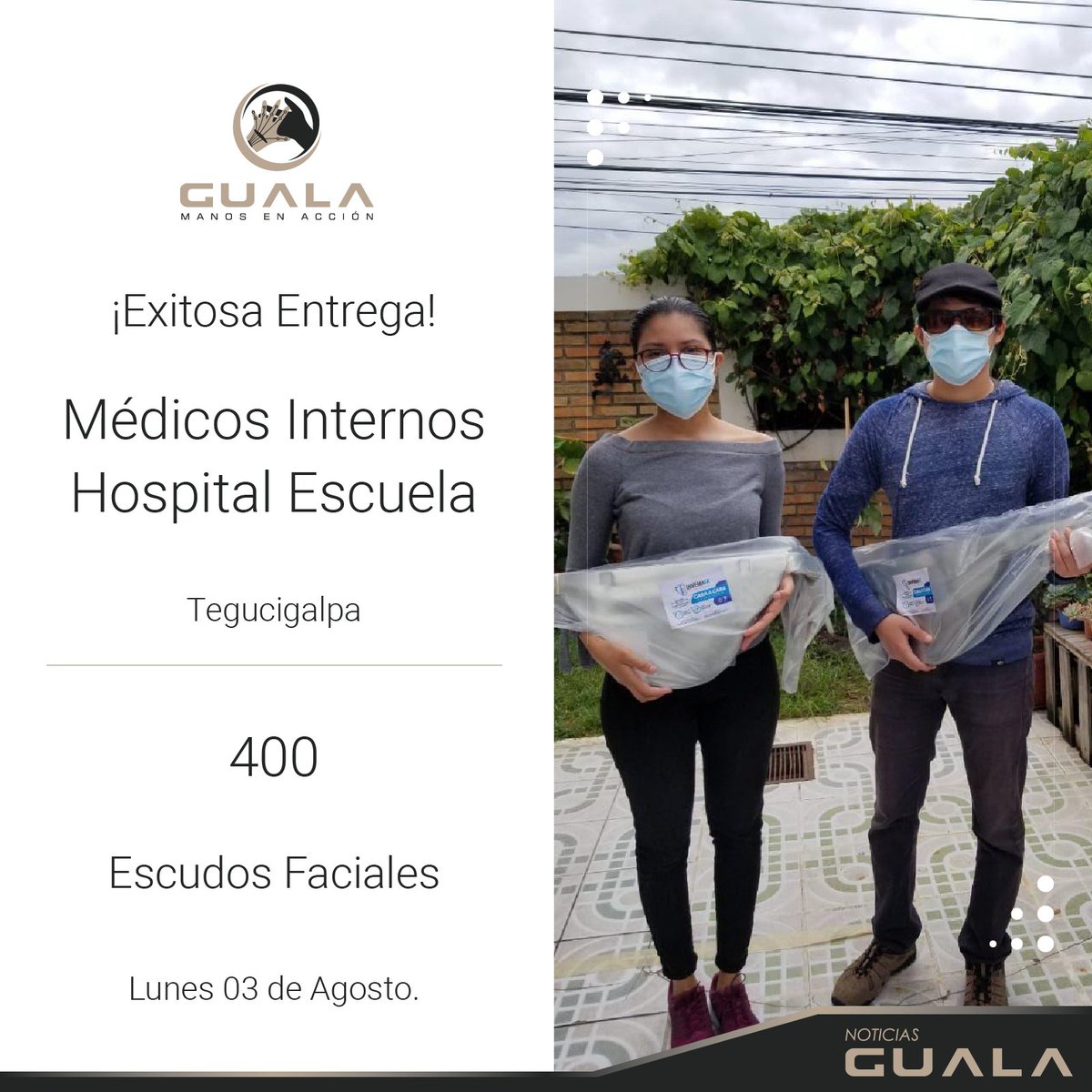 GualaEn's tweet photo. ¡Seguimos con nuestras #ManosEnAcción!
 Esta vez atendiendo la solicitud de 400 escudos faciales para los médicos internos del Hospital Escuela Universitario. 👨‍⚕️👩‍⚕️
#Honduras https://t.co/JSyUjtLnhs