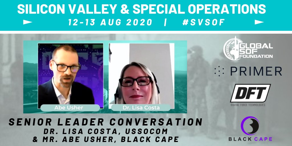 GlobalSOF's tweet photo. "We're in the middle of a constructive demolition derby of converging technologies." Very interesting talk between Dr. Lisa Costa and Abe Usher on @USSOCOM as an incubator for technology for the #DoD.  #svsof #virtual #sof https://t.co/zrQY1p1x8Q