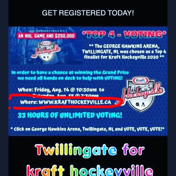 Voting starts tomorrow at 10:30am and runs until 7:30pm Saturday evening. Voting is unlimited so please vote, vote, vote and vote some more. #krafthockeyvilletwillingate