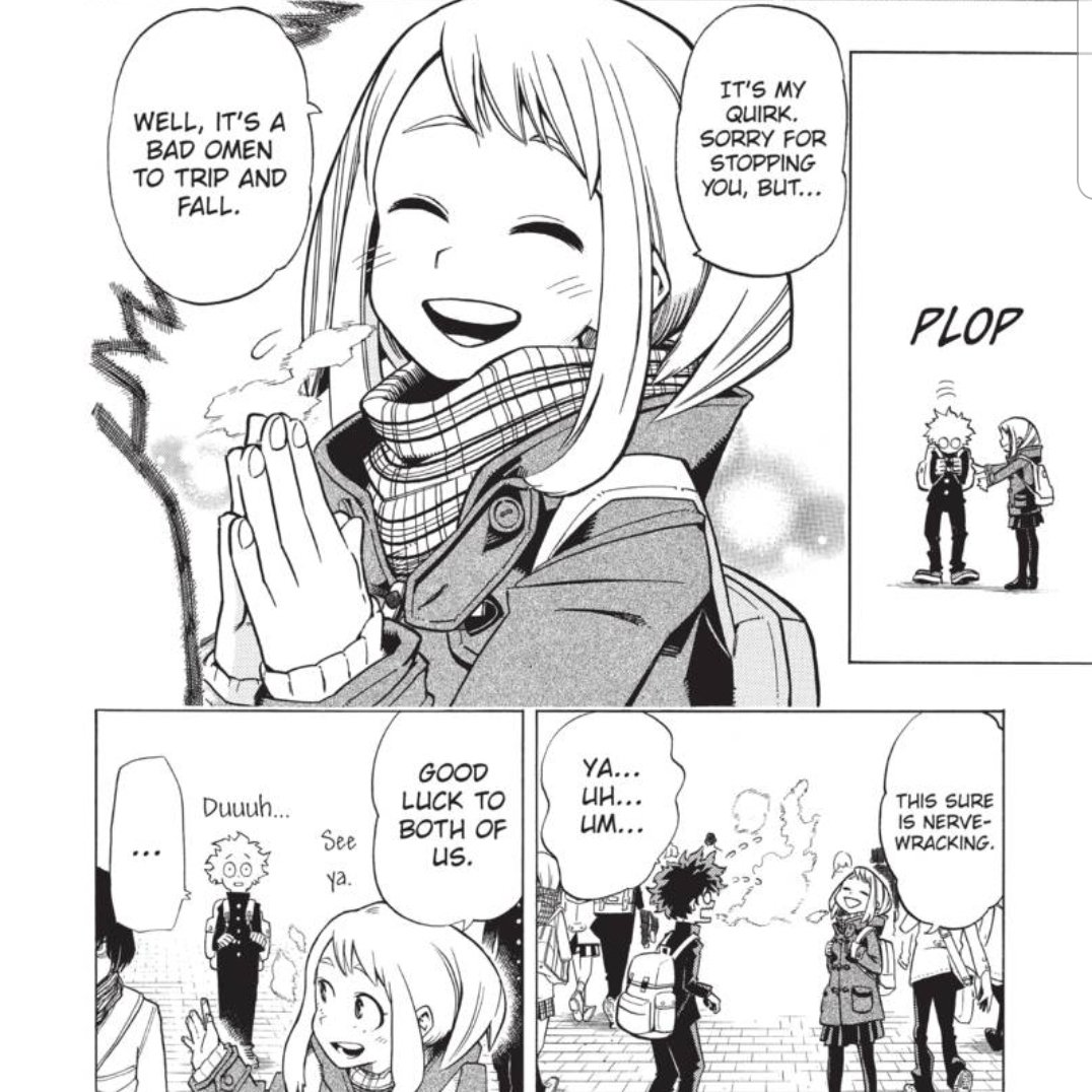 The rest of the panels on the page p much double down on both of these points, reiterating YES it's her quirk but also that she's just helping cause she's nice. Also possibly showing talking to someone else helps calms her down too