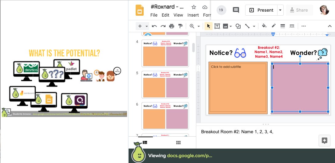 Great <a href="/PearDeck/">Pear Deck Learning</a> Zoom sesh with the amazing <a href="/edcampOSjr/">Ed Campos Jr</a> . Loved the idea to push out a collaborative slides activity as a Peardeck in breakout rooms so Ss can also scroll and see the other groups' info, but no problem of deleting others' slides! #cue #rOxnard