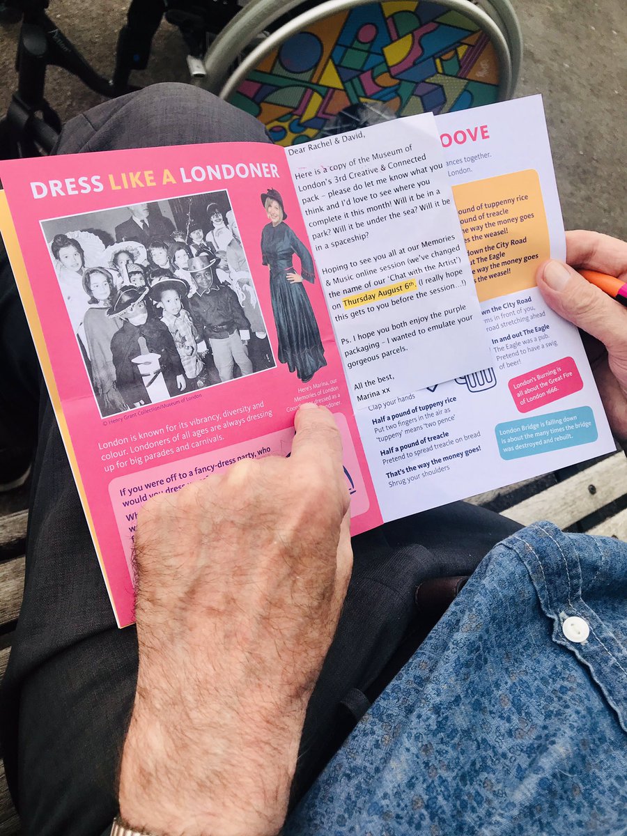 WickertRachel's tweet photo. David takes his create &amp; connect activity booklet with him to all our walks. Today D’s imagine what the dog in a photo may be thinking! And he spotted his friend @MarinaSpiteri2 wearing a nice frock! Thanks @MuseumofLondon for the gift that keeps on giving 💖 https://t.co/UnB1COzS6Y