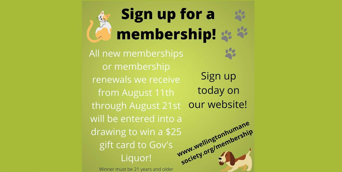 SUHumaneSociety's tweet photo. All new &amp; renewed memberships from Aug 11-Aug 21 will be entered in a drawing to win a $25 gift certificate from Gov's Liquor Shoppe! There are several options for membership &amp; lots of discounts! Find out more info: https://t.co/zreh19e0Ug 
*must be 21 to win gift certificate. https://t.co/2ofEV9yOUD