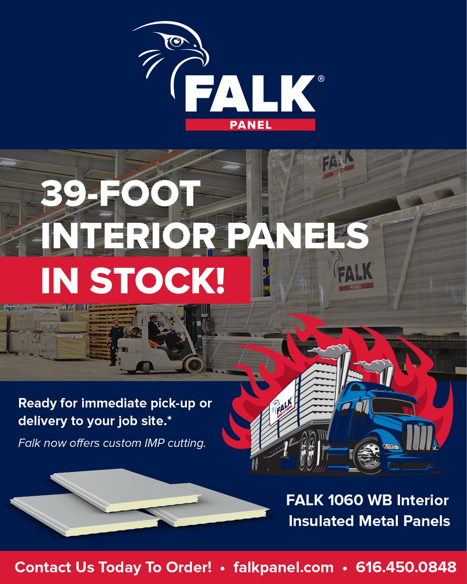 FALK Panel (@falkpanel) on Twitter photo We have 39-foot interior panels in stock! They come with a box profile and off-white color on both sides. Available in three popular thicknesses:
2.36 inches
3.14 inches
3.94 inches
Contact Pete Tuitel today!
616.450.0848 • ptuitel@falkpanel.com We have 39-foot interior panels in stock! They come with a box profile and off-white color on both sides. Available in three popular thicknesses:
2.36 inches
3.14 inches
3.94 inches
Contact Pete Tuitel today!
616.450.0848 • ptuitel@falkpanel.com