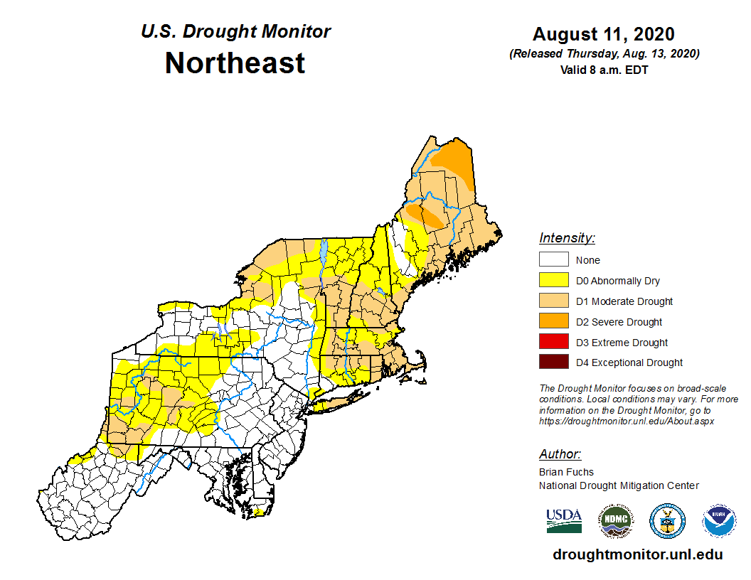 NOAANCEI's tweet photo. August 11: Moderate drought and abnormally dry conditions contracted in eastern New York; moderate drought expanded in southern New England while severe drought grew in Maine. https://t.co/hs7rCpQMsY #DroughtMonitor #NYwx #MEwx #NYdrought #MEdrought https://t.co/vpHAk3T4J9
