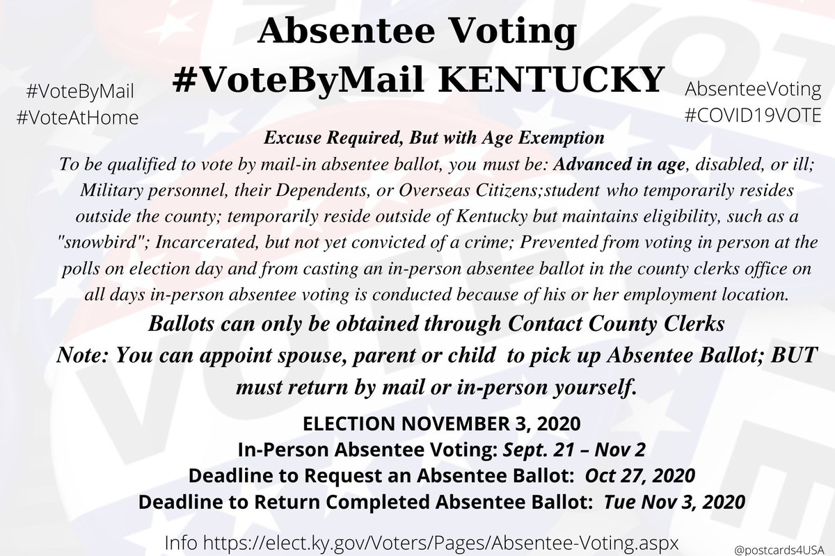 KENTUCKY  #KY  #VoteByMailInfo  https://elect.ky.gov/Voters/Pages/Absentee-Voting.aspxBallots can only be obtained through County County Clerks. Find yours here:  https://elect.ky.gov/contactcountyclerks/Pages/default.aspx #AbsenteeVoting  #DemCastKY THREAD  #PostcardsforAmericaAll 50 States here  https://www.postcardsforamerica.com/vote-by-mail.html