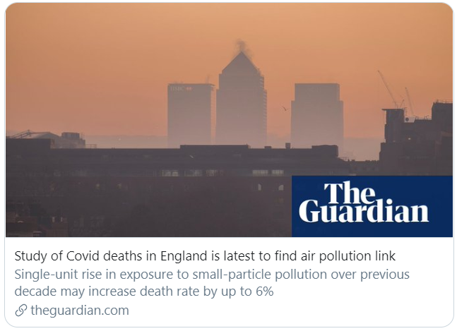 An  @ONS study finds that  #airpollution could be a factor in explaining why people from  #BAME backgrounds suffer more from  #coronavirus.  https://www.theguardian.com/world/2020/aug/13/study-of-covid-deaths-in-england-is-latest-to-find-air-pollution-link  @rosamund_ElsFdn  @OneCamberwell  @brixtonbarb  @lizzieloos  @RedMajid  @PaigeLDN__  @Lizzieredhair  @MadstickMcr @RoadsToo