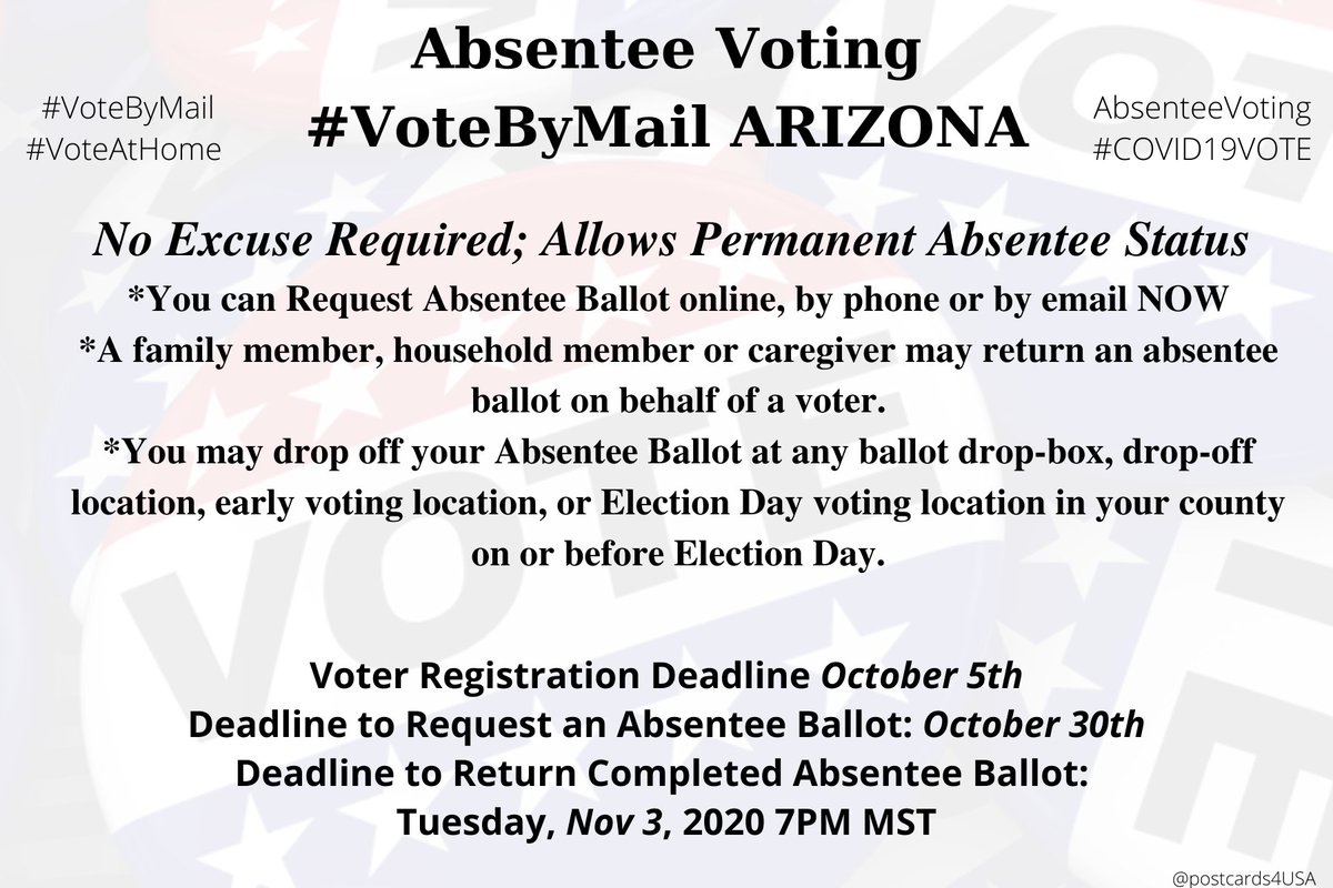 ARIZONA  #AZ  #VoteByMailApplication  https://my.arizona.vote/Early/ApplicationLogin.aspxInfo  https://www.azcleanelections.gov/how-to-vote/early-voting/ballot-by-mailCounty Election Officials  https://azsos.gov/elections/voting-election/contact-information-county-election-officials #DemCastAZ  #AbsenteeVotingTHREAD #PostcardsforAmericaAll 50 States here   https://www.postcardsforamerica.com/vote-by-mail.html  https://azsos.gov/votebymail 