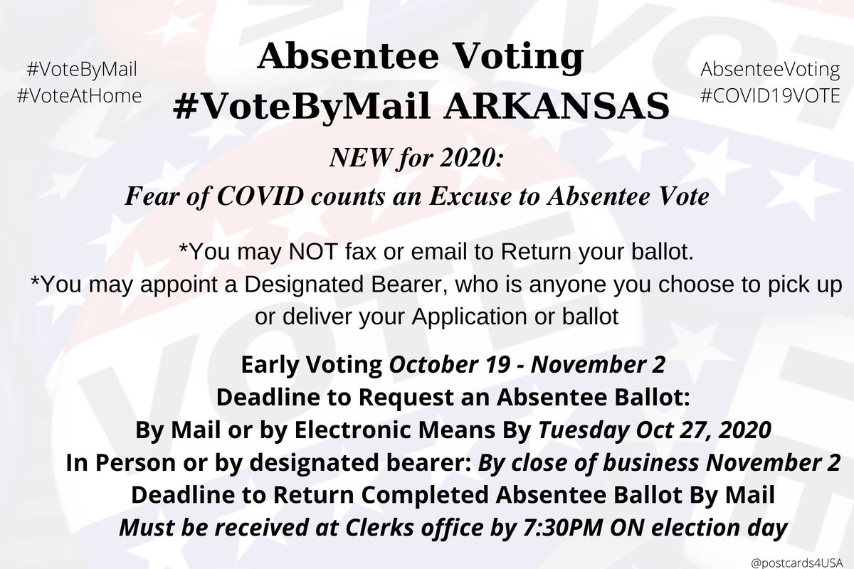 ARKANSAS  #AbsenteeVoting  #AR  #VoteByMailApplication  https://www.sos.arkansas.gov/uploads/elections/Absentee_Ballot_Application.pdfCounty Clerk addresses  https://www.sos.arkansas.gov/uploads/elections/county_clerks_for_website.pdfInfo  https://www.sos.arkansas.gov/elections/voter-information/absentee-voting #DemCastAR  #AbsenteeVotingTHREADAll States here  https://www.postcardsforamerica.com/vote-by-mail.html #PostcardsforAmerica