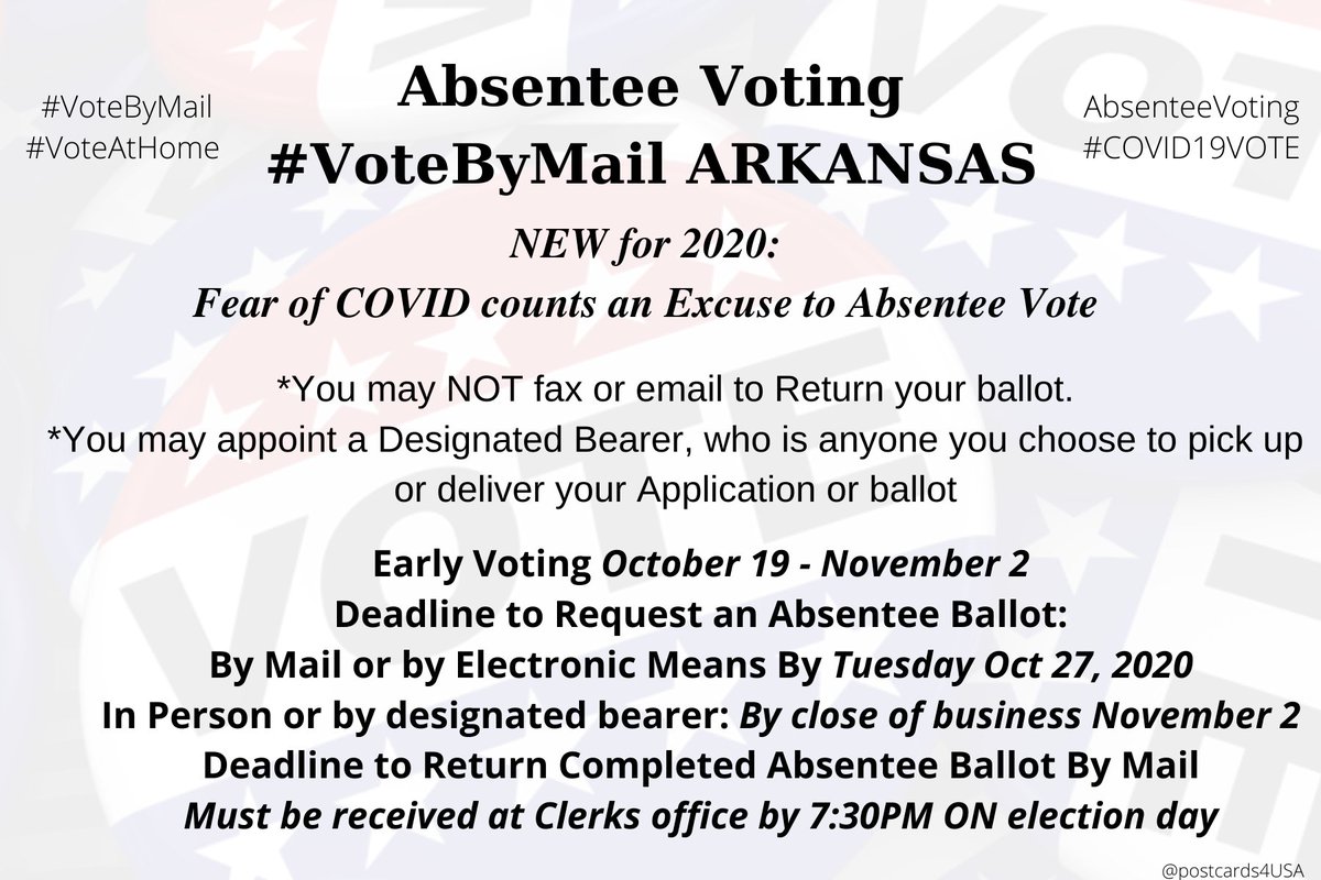 ARKANSAS   #AbsenteeVoting   #AR   #VoteByMailApplication  https://www.sos.arkansas.gov/uploads/e... Clerk addresses  https://www.sos.arkansas.gov/uploads/e...  https://www.sos.arkansas.gov/elections... href=