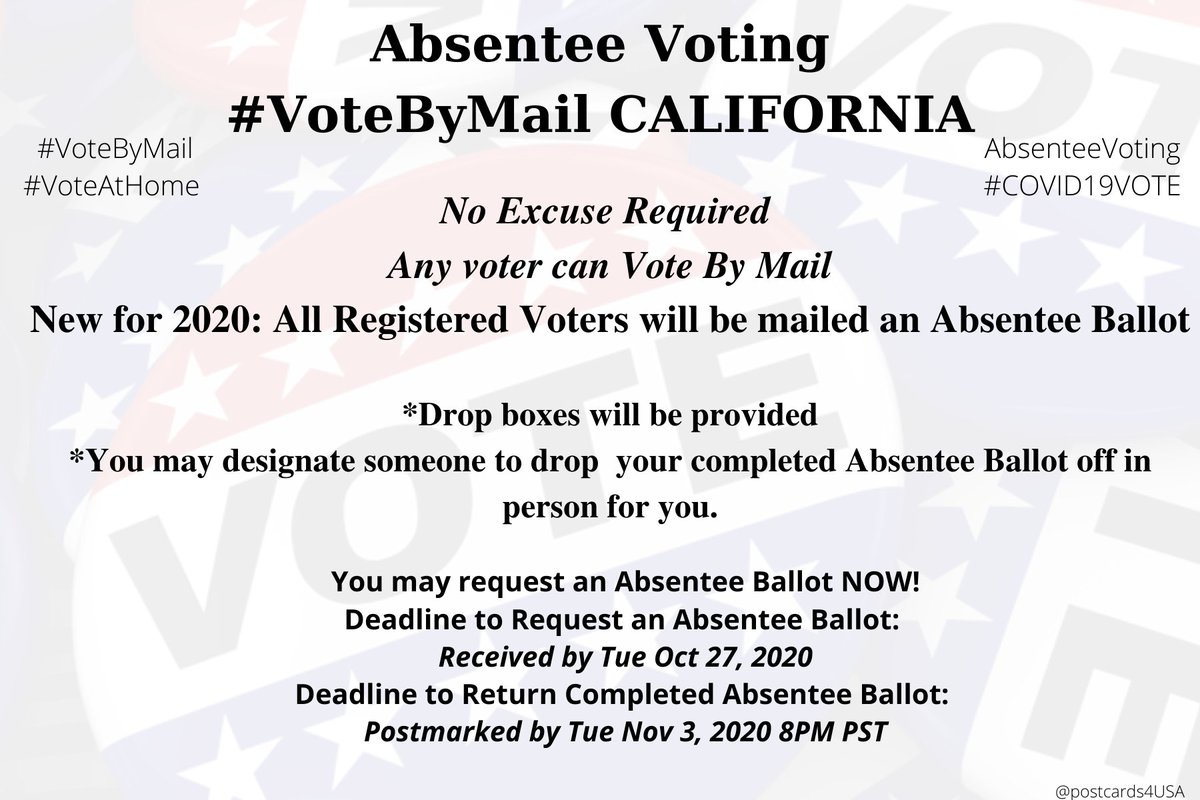 CALIFORNIA  #CA  #VoteByMailNew for 2020: Mail-in ballots will be sent to all registered voters. Application  https://elections.cdn.sos.ca.gov/vote-by-mail/pdf/vote-by-mail-application.pdfInfo  https://www.sos.ca.gov/elections/voter-registration/vote-mail/#applyCounty Election Officials  https://www.sos.ca.gov/elections/voting-resources/county-elections-offices/Polling  https://www.sos.ca.gov/elections/polling-place/ #DemCastCA  #AbsenteeVotingTHREAD