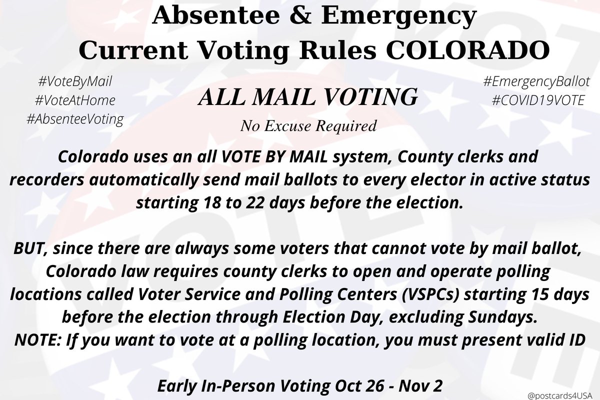 COLORADO  #CO is all  #VoteByMail But law requires county clerks to open polling locations - VSPC - starting 15 days before election thru Election Day, except Sundays. To check address on file, visit  http://www.GoVoteColorado.gov THREAD #AbsenteeVoting  #DemCastCO #PostcardsforAmerica