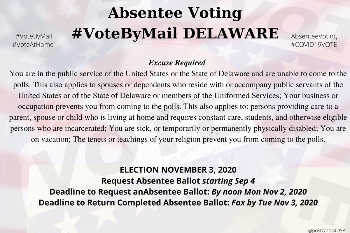 DELAWARE  #DE  #VoteByMailApplication printable  https://elections.delaware.gov/pubs/pdfs/absentee_ballot_application.pdfOnline  https://ivote.de.gov/voterview Info  https://elections.delaware.gov/voter/absenteeballot.shtmlMore info Email: absenteesc@delaware.gov https://elections.delaware.gov/pubs/pdfs/AbsenteeVoting_CantGoToThePolls.pdfCounty Office addresses  https://elections.delaware.gov/locations.shtml  #AbsenteeVoting  #DemCastDETHREAD