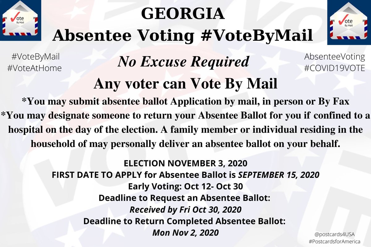 GEORGIA  #GA  #VoteByMailOnline Application  https://georgia.gov/vote-absentee-ballot Verify if accepted  https://www.mvp.sos.ga.gov/MVP/mvp.do Info  https://sos.ga.gov/index.php/Elections/absentee_voting_in_georgiaGuide  https://sos.ga.gov/admin/uploads/Absentee_Voting_Guide_20142.pdfCounty Board of Registrars  https://elections.sos.ga.gov/Elections/countyregistrars.do #AbsenteeVoting  #DemCastGA THREAD  #PostcardsforAmerica