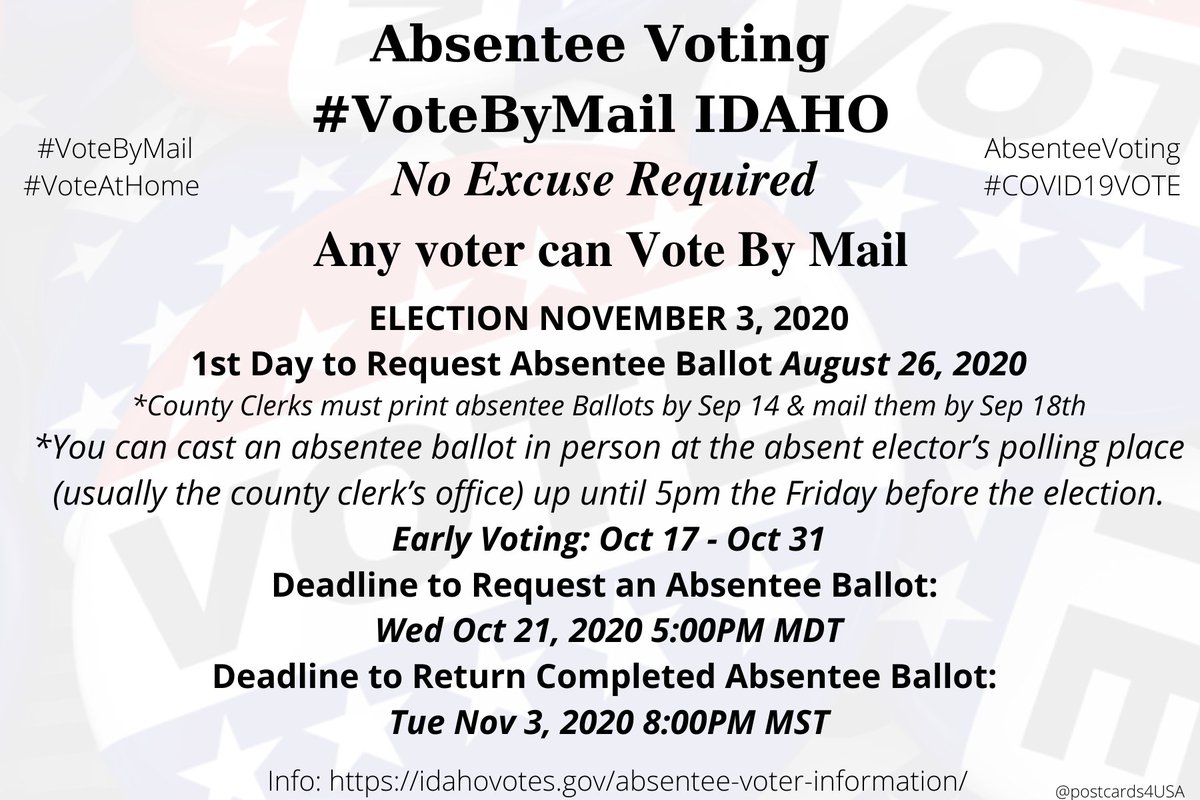 IDAHO  #ID  #VoteByMailApplication  https://sos.idaho.gov/elect/clerk/Forms/Absentee%20Request%20Form_2%20per%20page.pdfInfo  https://idahovotes.gov/absentee-voter-information/County Clerk Addresses  https://idahovotes.gov/county-clerks/  #AbsenteeVoting  #DemCastID THREAD #PostcardsforAmericaAll States here  https://www.postcardsforamerica.com/vote-by-mail.html