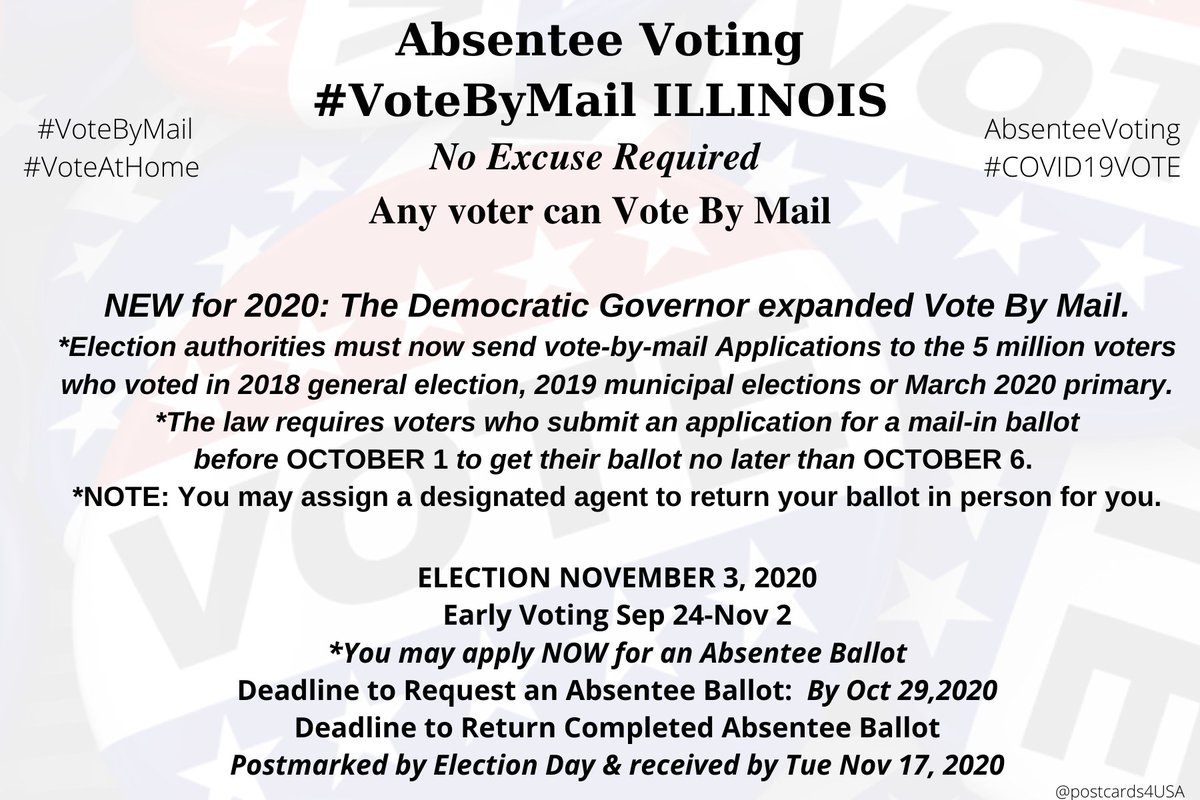 ILLINOIS #IL#VoteByMailApplication  https://www.elections.il.gov/ElectionOperations/VotingByMailAgreement.aspxInfo  https://www.elections.il.gov/DocDisplay.aspx?Doc=Downloads/ElectionOperations/PDF/VoteByMail.pdfCounty Election Authorities  https://www.elections.il.gov/ElectionOperations/ElectionAuthorities.aspx #AbsenteeVoting  #DemCastIL THREAD #PostcardsforAmericaAll States here  https://www.postcardsforamerica.com/vote-by-mail.html