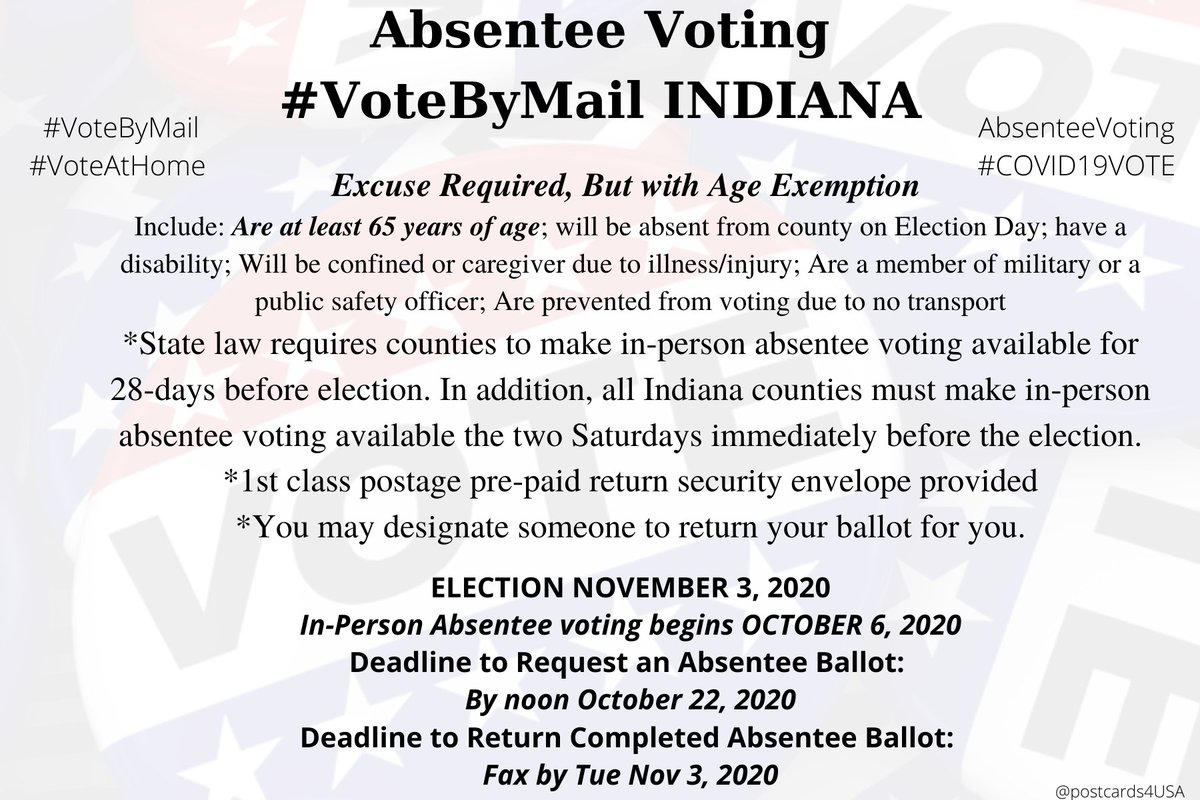 INDIANA  #IN  #VoteByMailInfo & Application  https://in.gov/sos/elections/2402.htmCounty Boards of Election  https://indianavoters.in.gov/CountyContact/Index #AbsenteeVoting  #DemCastIN THREAD #PostcardsforAmericaAll 50 States here  https://www.postcardsforamerica.com/vote-by-mail.html  https://www.in.gov/sos/elections/2402.htm