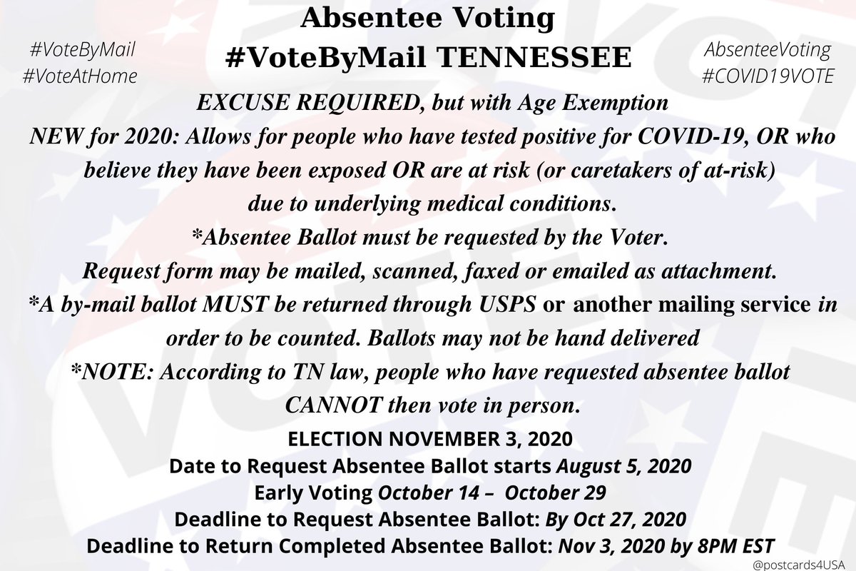 TENNESSEE  #TN  #VoteByMail Excuse Required, Age Exemption (60+)Application  https://sos-tn-gov-files.s3.amazonaws.com/5%20Request%20for%20Absentee%20Ballot.pdfCounty Election Commissions  https://tnsos.org/elections/election_commissions.phpTHREAD #COVID19 Update: Per court ruling Aug 2020, COVID medically at-risk voters & caretakers allowed to use  #AbsenteeBallots