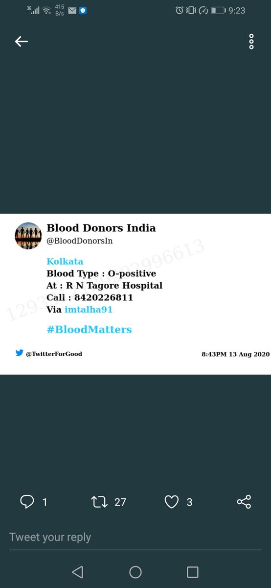 #Kolkata #india <a href="/CPKolkata/">CP Kolkata</a>
Need #Blood Type :  O-positive
At : R N Tagore Hospital
Blood Component : Need Plasma from O+ve #COVID19 recovered patient.
Primary Number : 8420226811
Via: <a href="/imtalha91/">Talha Ahmed Politician</a>
#BloodMatters