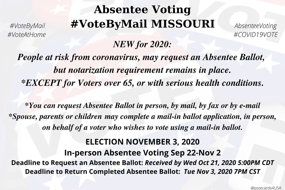 MISSOURI  #MO  #VoteByMailApplication  https://s1.sos.mo.gov/CMSImages/ElectionGoVoteMissouri/absenteerequest.pdfInfo  https://www.sos.mo.gov/elections/goVoteMissouri/howtovote#AbsenteeElection Authorities  https://www.sos.mo.gov/elections/govotemissouri/localelectionauthority #AbsenteeVoting  #DemCastMO THREAD #PostcardsforAmericaAll 50 States here  https://www.postcardsforamerica.com/vote-by-mail.html