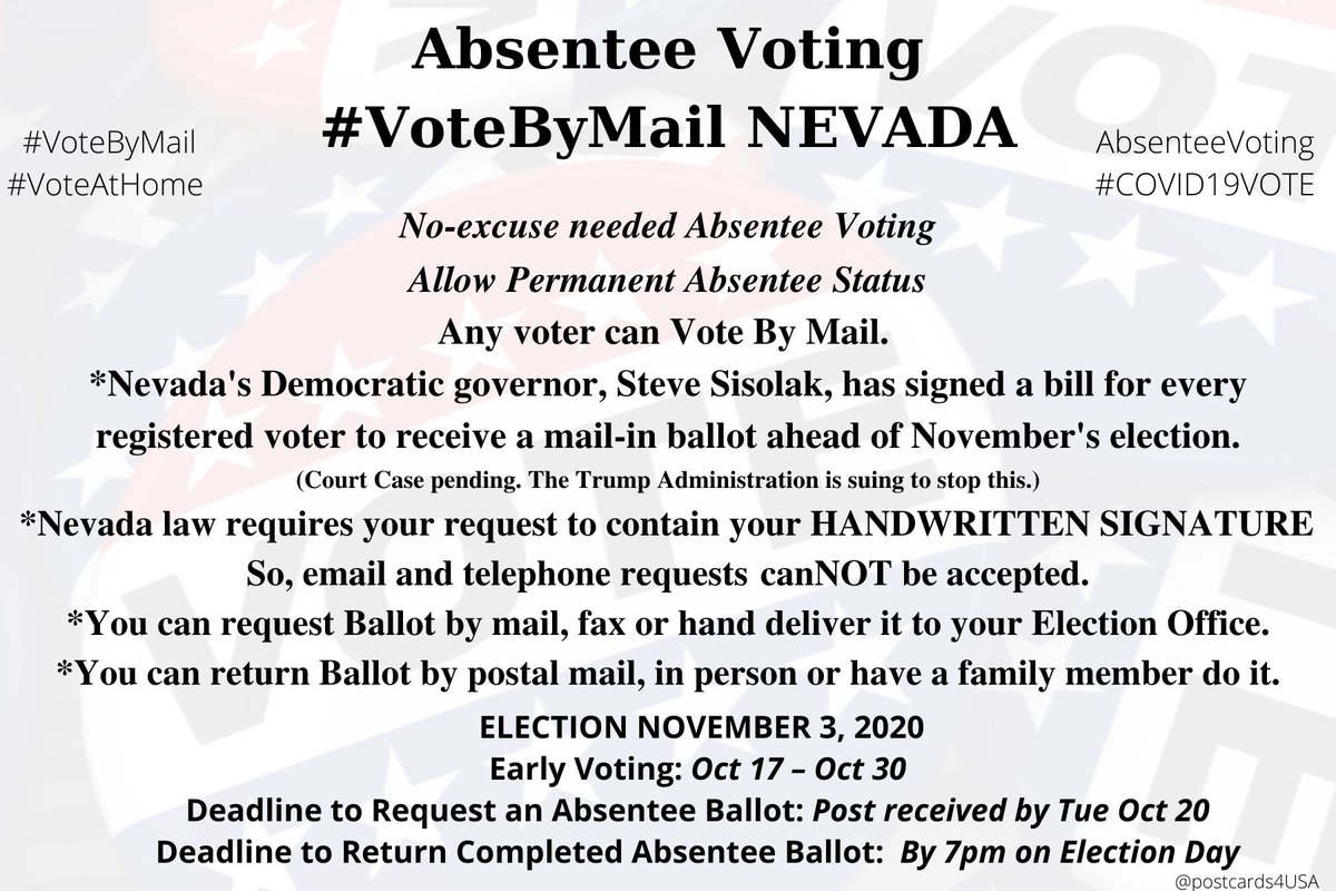 NEVADA  #NV  #VoteByMailApplication  https://www.nvsos.gov/sos/home/showdocument?id=8262Info  https://www.nvsos.gov/sos/home/showdocument?id=2394County Clerk  https://www.nvsos.gov/sos/elections/voters/county-clerk-contact-information #AbsenteeVoting  #DemCastNV THREAD  #PostcardsforAmericaAll 50 States  https://www.postcardsforamerica.com/vote-by-mail.html