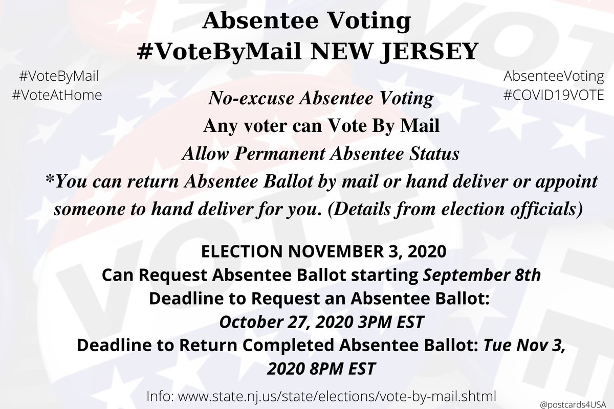 NEW JERSEY  #NJ  #VoteByMail  #AbsenteeVotingInfo  https://www.state.nj.us/state/elections/vote-by-mail.shtmlApplications by County  https://www.state.nj.us/state/elections/county-election-officals.shtml #EarlyVoting  #DemCastNJ THREAD  #PostcardsforAmericaAll 50 States Vote By Mail info here:  https://www.postcardsforamerica.com/vote-by-mail.html