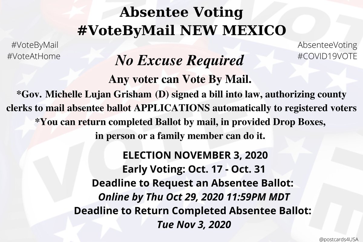 NEW MEXICO  #NM  #VoteByMailApplication  https://portal.sos.state.nm.us/OVR/WebPages/AbsenteeApplication.aspxDEADLINE Info  https://www.sos.state.nm.us/voting-and-elections/voter-information/absentee-and-early-voting/ Visit  http://NMVote.org  to request an absentee ballot, find an early voting location, and more! #AbsenteeVoting  #DemCastNM THREAD  #PostcardsforAmerica