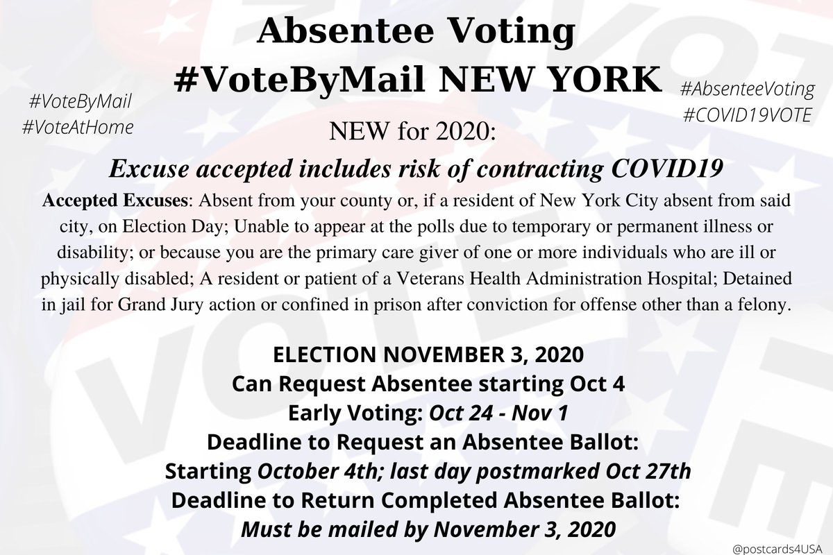 NEW YORK  #NY  #VoteByMailApplication here:  https://elections.ny.gov/NYSBOE/download/voting/AbsenteeBallot-English.pdfInfo  https://elections.ny.gov/VotingAbsentee.htmlCounty Board Addresses  https://elections.ny.gov/CountyBoards.html #AbsenteeVoting  #DemCastNY THREAD  #PostcardsforAmericaAll States Vote By Mail info here:  https://www.postcardsforamerica.com/vote-by-mail.html