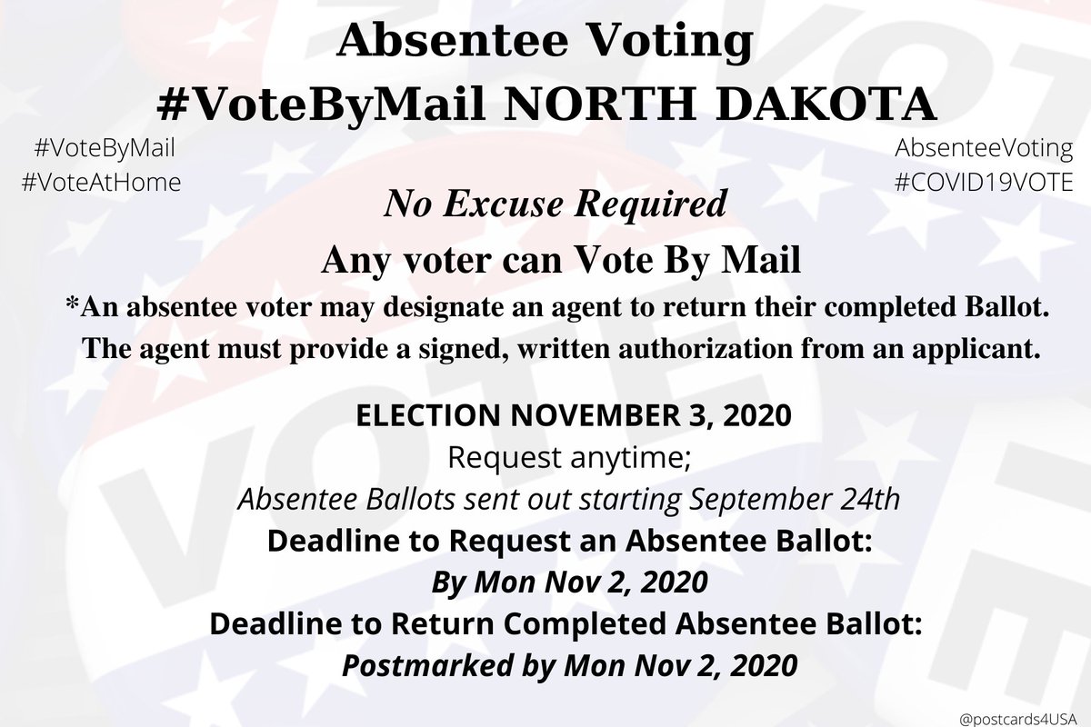 NORTH DAKOTA  #ND  #VoteByMailApplication  https://vip.sos.nd.gov/absentee/Default.aspxInfo  https://vip.sos.nd.gov/pdfs/Portals/Voting-MailBallotAbsentee.pdfCounty Auditors  https://vip.sos.nd.gov/CountyAuditors.aspx #AbsenteeVoting  #DemCastNDTHREAD #COVID19 Update: With  #coronavirus symptoms or vulnerable to infection, can use 'physical incapacitation' excuse