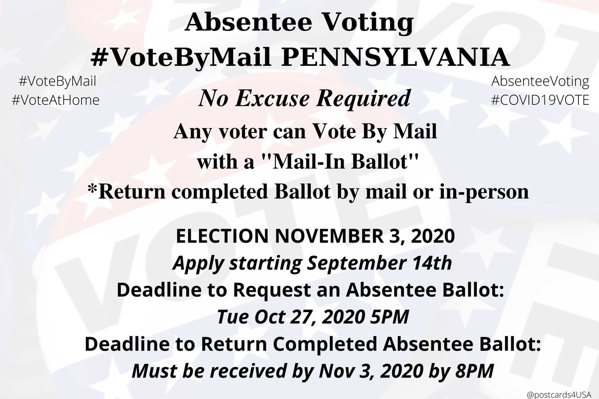 PENNSYLVANIA  #PA  #VoteByMailApplication  https://www.votespa.com/Register-to-Vote/Documents/PADOS_MailInApplication.pdfOnline  https://www.pavoterservices.pa.gov/OnlineAbsenteeApplication/#/OnlineAbsenteeBeginInfo  https://www.votespa.com/Voting-in-PA/Pages/Mail-and-Absentee-Ballot.aspxCounty Election Officials  https://www.votespa.com/Resources/Pages/Contact-Your-Election-Officials.aspx #AbsenteeVoting  #DemCastPA THREADAll States info here:  https://www.postcardsforamerica.com/vote-by-mail.html #PostcardsforAmerica