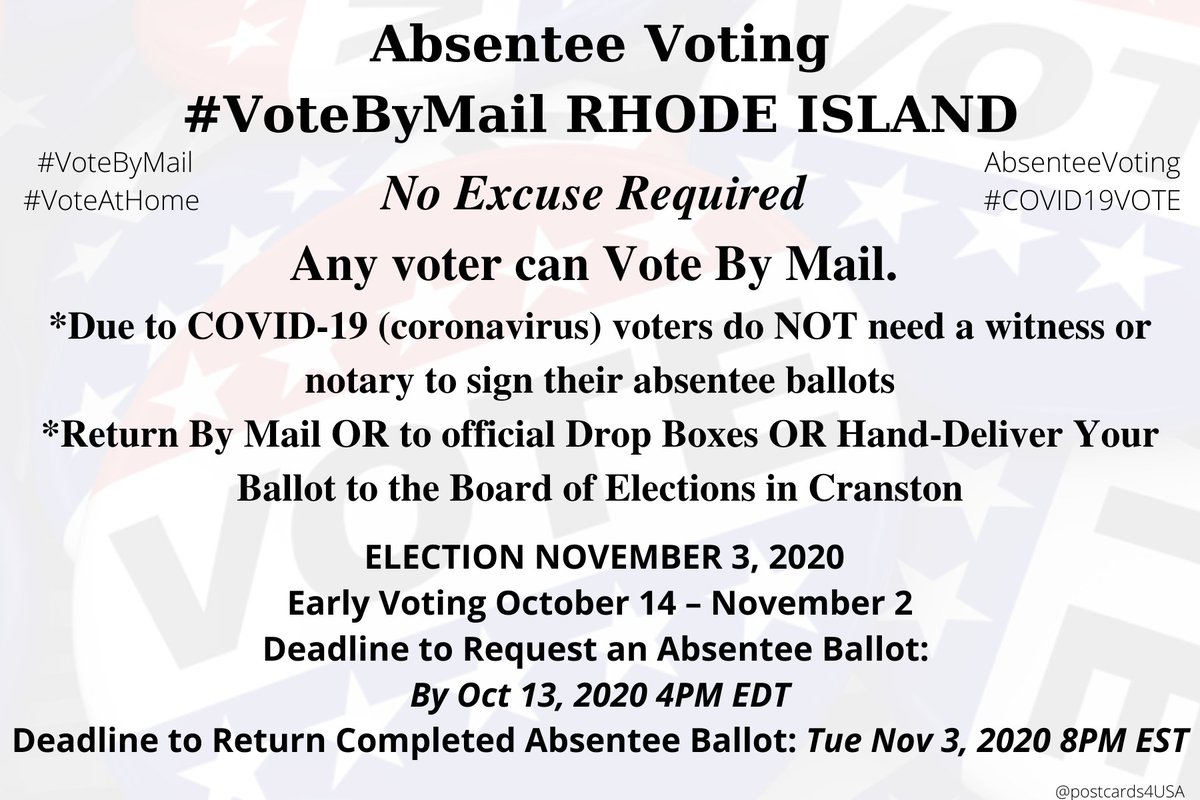 RHODE ISLAND  #RI  #VoteByMailApplication:  https://vote.sos.ri.gov/DataInformation/PublicationsInfo  https://vote.sos.ri.gov/Voter/VotebyMailBoard of Canvassers  https://vote.sos.ri.gov/Elections/LocalBoardsEMERGENCY Mail Ballot https://elections.ri.gov/voting/emergency.php*Primary postponed to June 2nd. #AbsenteeVoting THREADAll States here  https://www.postcardsforamerica.com/vote-by-mail.html