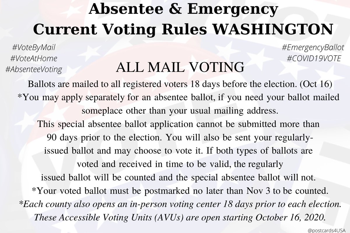 WASHINGTON  #WA  #VoteByMail #AbsenteeVoting  #DemCastWAYou can have your ballot mailed someplace other than usual mailing address. Each county also has 1 in-person voting center.THREADInfo:  https://www.sos.wa.gov/elections/faq_vote_by_mail.aspx #PostcardsforAmericaAll States here  https://www.postcardsforamerica.com/vote-by-mail.html