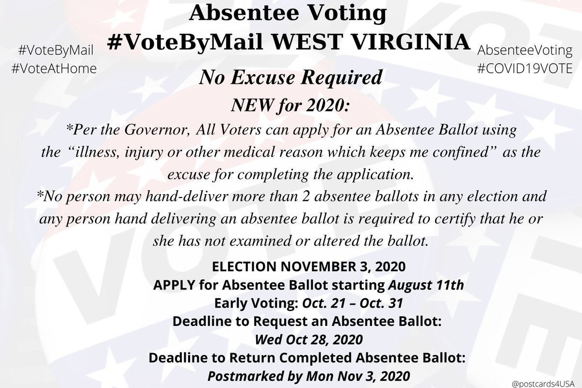 WEST VIRGINIA  #WV  #VoteByMailApplication:  https://sos.wv.gov/FormSearch/Elections/Voter/Absentee%20Ballot%20Application.pdfInfo  https://sos.wv.gov/elections/Pages/AbsenteeVotingInformation.aspxCounty Clerks  https://sos.wv.gov/elections/Pages/CountyClerkDirectory.aspx #AbsenteeVoting  #DemCastWV THREAD  #PostcardsforAmericaAll States here  https://www.postcardsforamerica.com/vote-by-mail.html