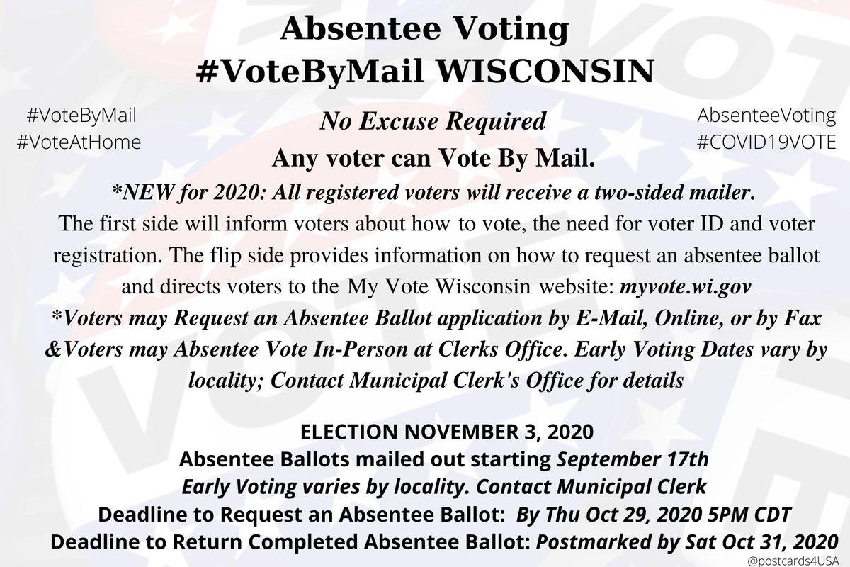 WISCONSIN  #WI  #VoteByMailApplication  https://elections.wi.gov/forms/el-121-englishInfo  https://elections.wi.gov/voters/absentee County Election Offices  https://elections.wi.gov/clerks/directory/county-websites #AbsenteeVotingTHREAD  #PostcardsforAmerica #COVID19 Update: Sending  #absenteeballot to eligible voters