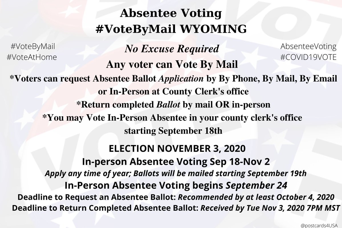 WYOMING No-excuse  #AbsenteeVoting #VoteByMailInfo  http://soswy.state.wy.us/Elections/AbsenteeVoting.aspxTo Request a Ballot, Contact County Clerks  http://soswy.state.wy.us/Elections/Docs/WYCountyClerks.pdfTHREAD  #DemCastWY #COVID19VOTEAll States here  https://www.postcardsforamerica.com/vote-by-mail.html