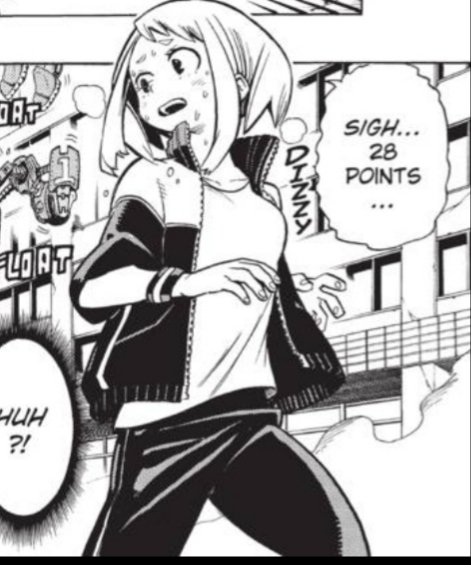 And then we get our first hint about her quirk's drawback. The sigh, dizzy written beside her, and that's a LOT of sweat on her face considering we see none on Iida in the following panel. But 28 points is also more successful than Deku's 0 so we still see her as capable