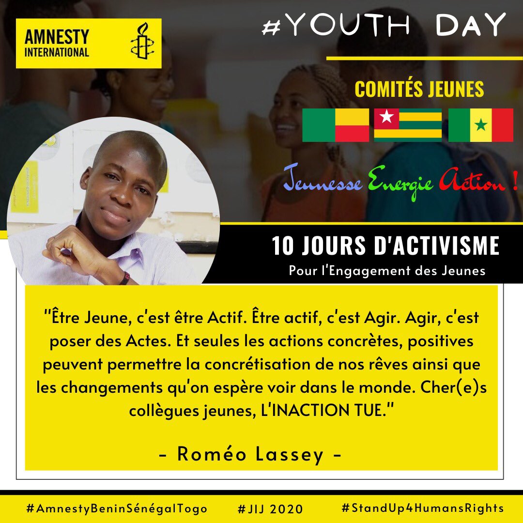 mamaoulfath's tweet photo. #YouthDay2020 / Jour 02
Découvrez le message de ces quatre jeunes.
#AmnestyBeninSénégalTogo
#StandUp4HumansRights
#JIJ2020 @amnestybenin @kikanfr @Yannickdedo @Avlessifiacre @AdamWassilatou @GhislainDGJ @attindoglofreju @lariosHCL @HountondjiFulg1 https://t.co/AC9zpwSmr8