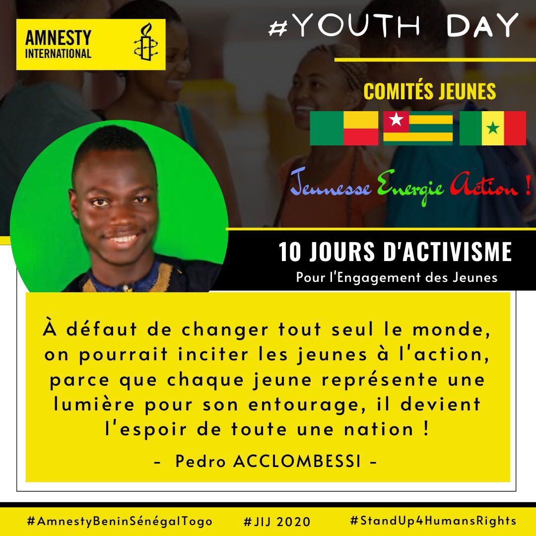 mamaoulfath's tweet photo. #YouthDay2020 / Jour 02
Découvrez le message de ces quatre jeunes.
#AmnestyBeninSénégalTogo
#StandUp4HumansRights
#JIJ2020 @amnestybenin @kikanfr @Yannickdedo @Avlessifiacre @AdamWassilatou @GhislainDGJ @attindoglofreju @lariosHCL @HountondjiFulg1 https://t.co/AC9zpwSmr8