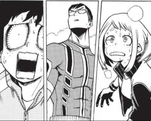 Here too though the look on her face is more nervous compared to Iida. Maybe cause she's closer to the zero pointer but again it has us the audience pin her as someone closer to Deku's "normalcy" than Iida's "hero" because their fear shows more readily in the moment