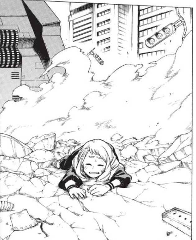 We get a page or two of the bot moving+everyone running+then we see her leg stuck under a chunk of rubble so yeah she probably was so freaked cause she was WAY closer lol. Probs also couldn't move as fast what with how sick her quirk was making her already