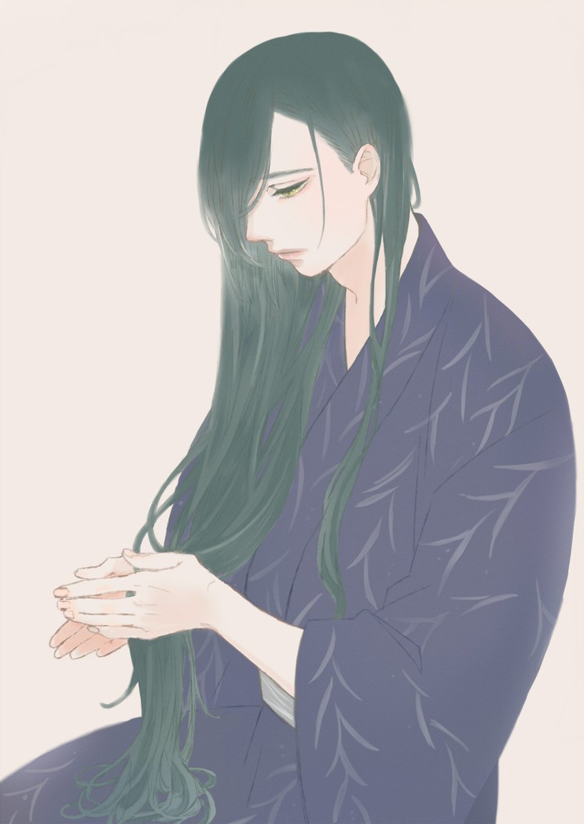 long hair solo japanese clothes kimono simple background looking down hair over one eye  illustration images